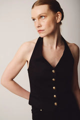 Halter Yaka Düğmeli Yelek (Siyah)
