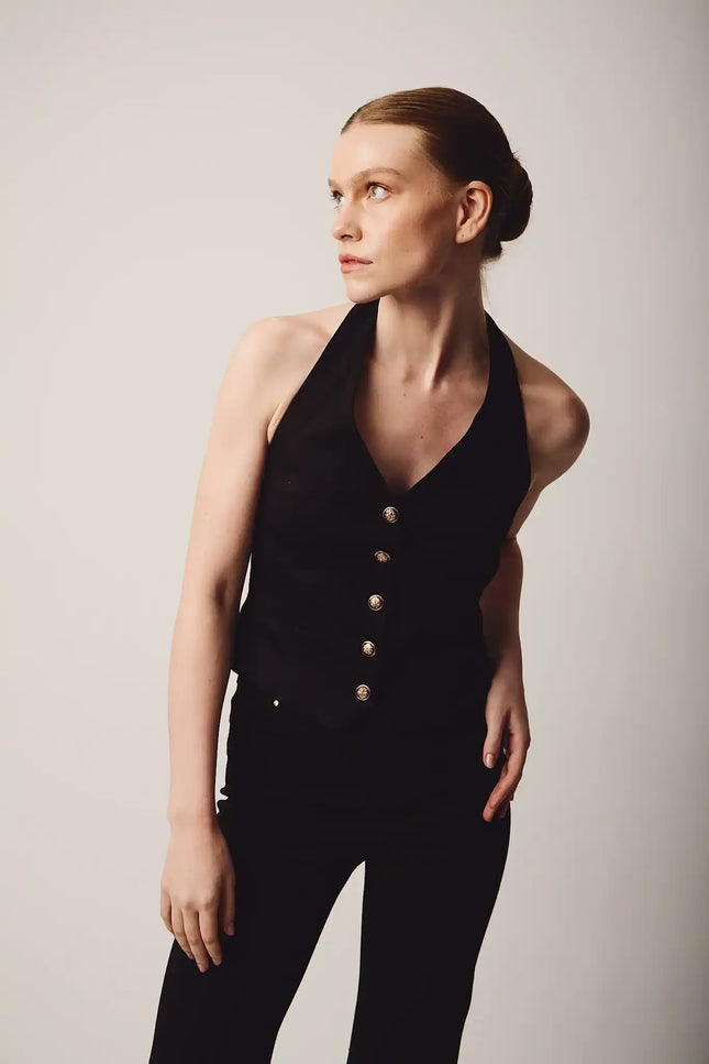 Halter Yaka Düğmeli Yelek (Siyah)