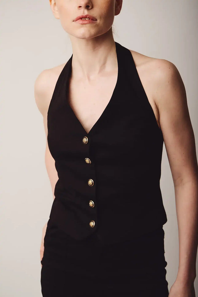 Halter Yaka Düğmeli Yelek (Siyah)