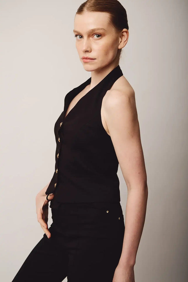 Halter Yaka Düğmeli Yelek (Siyah)