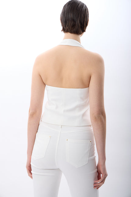 Halter Yaka Düğmeli Yelek (Beyaz)