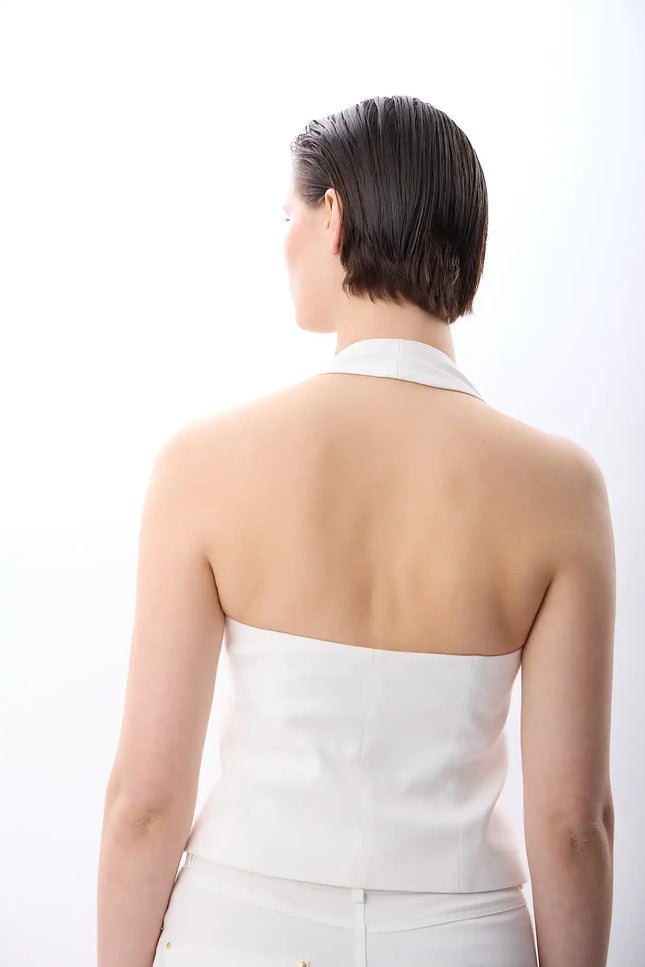Halter Yaka Düğmeli Yelek (Beyaz)