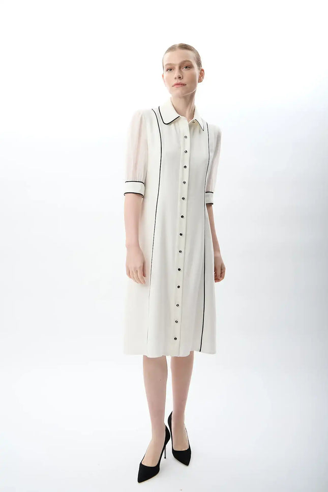 Transparan Kol Detaylı Midi Elbise (Ekru)