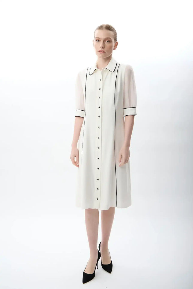 Transparan Kol Detaylı Midi Elbise (Ekru)