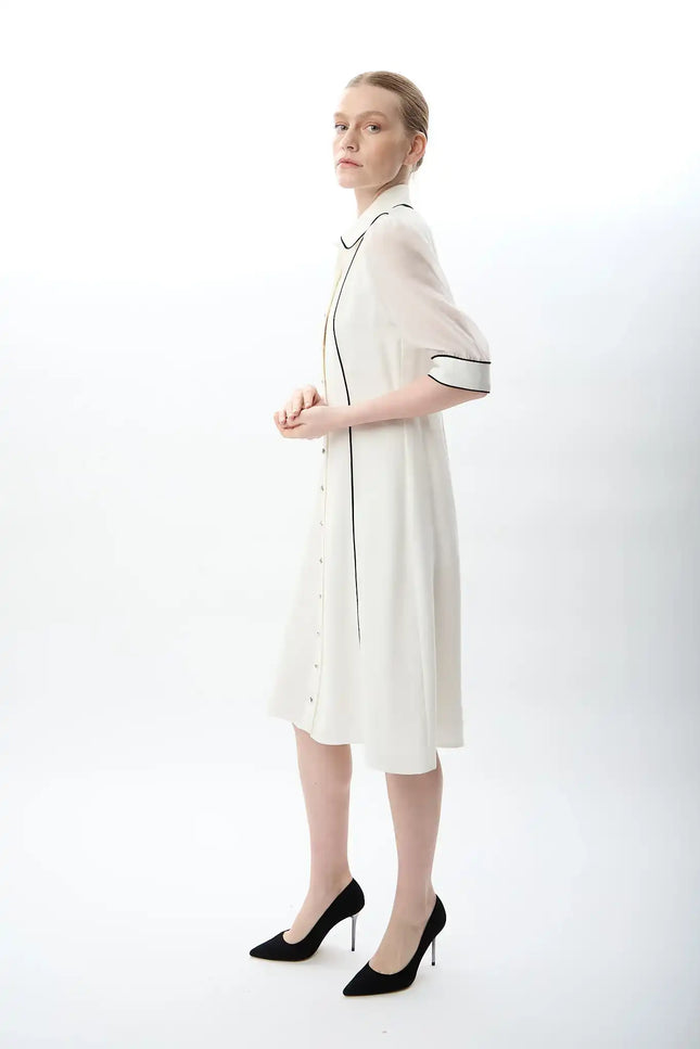 Transparan Kol Detaylı Midi Elbise (Ekru)