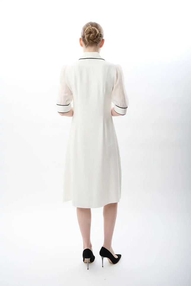 Transparan Kol Detaylı Midi Elbise (Ekru)