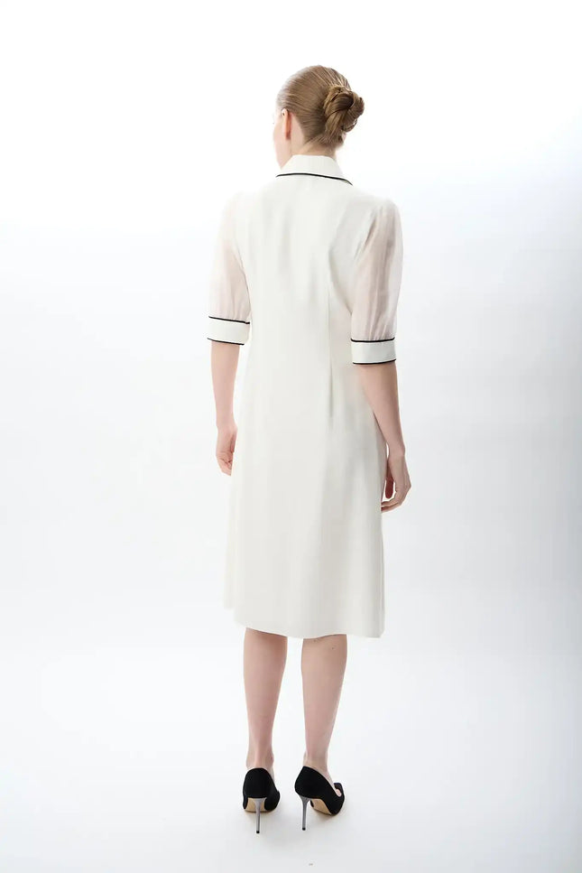 Transparan Kol Detaylı Midi Elbise (Ekru)