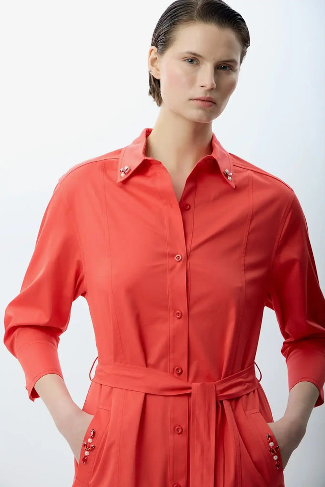 Taş Detaylı Gömlek Elbise (Gül Kurusu)