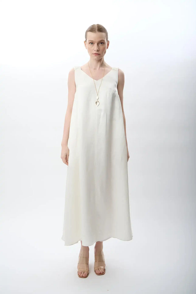 V Yaka Kolsuz Uzun Elbise (Ekru)