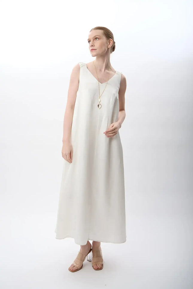 V Yaka Kolsuz Uzun Elbise (Ekru)