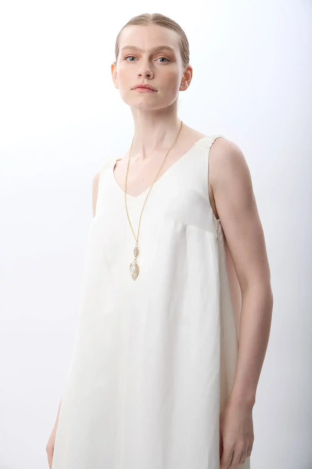 V Yaka Kolsuz Uzun Elbise (Ekru)