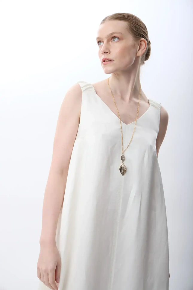 V Yaka Kolsuz Uzun Elbise (Ekru)