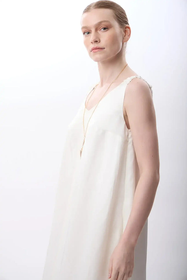 V Yaka Kolsuz Uzun Elbise (Ekru)