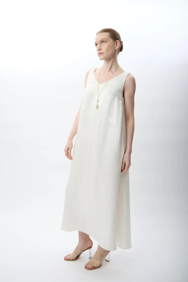 V Yaka Kolsuz Uzun Elbise (Ekru)