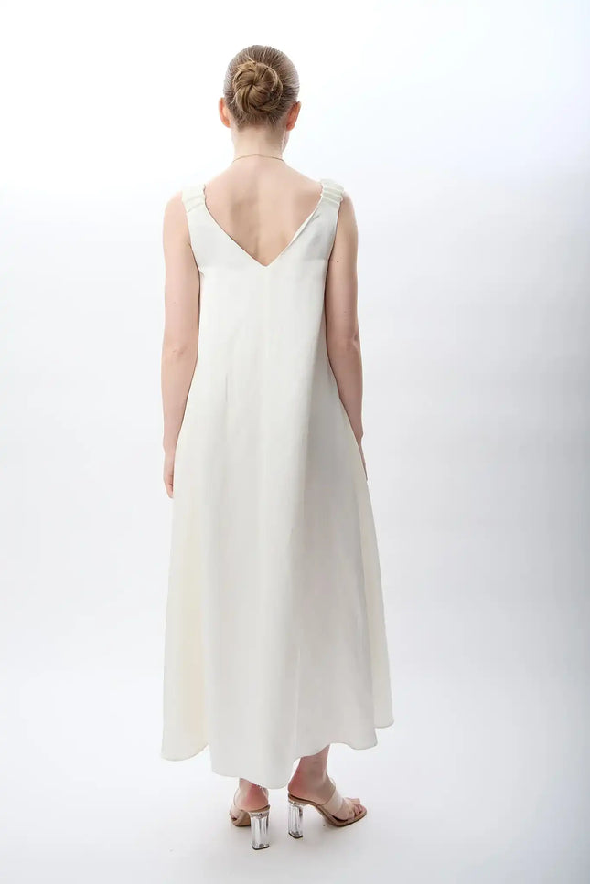 V Yaka Kolsuz Uzun Elbise (Ekru)