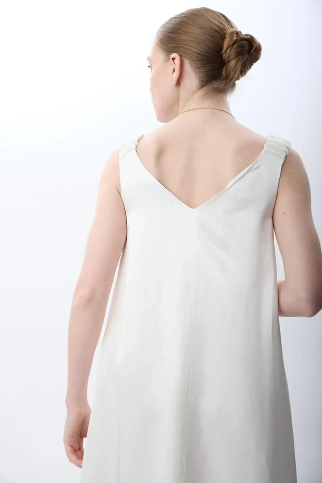 V Yaka Kolsuz Uzun Elbise (Ekru)