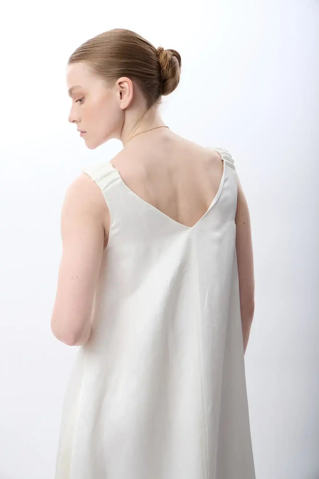 V Yaka Kolsuz Uzun Elbise (Ekru)