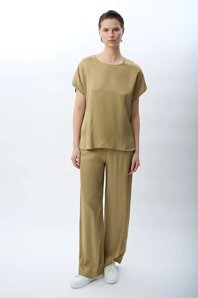Bağcıklı Rahat Kesim Saten Pantolon (Haki)