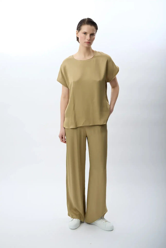 Bağcıklı Rahat Kesim Saten Pantolon (Haki)