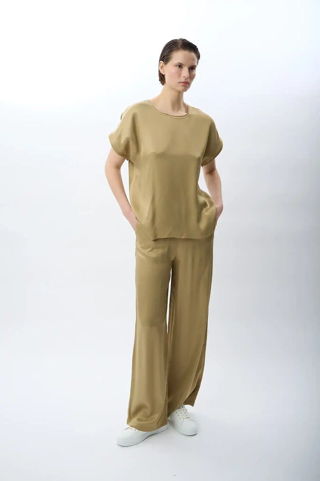 Bağcıklı Rahat Kesim Saten Pantolon (Haki)