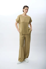 Bağcıklı Rahat Kesim Saten Pantolon (Haki)