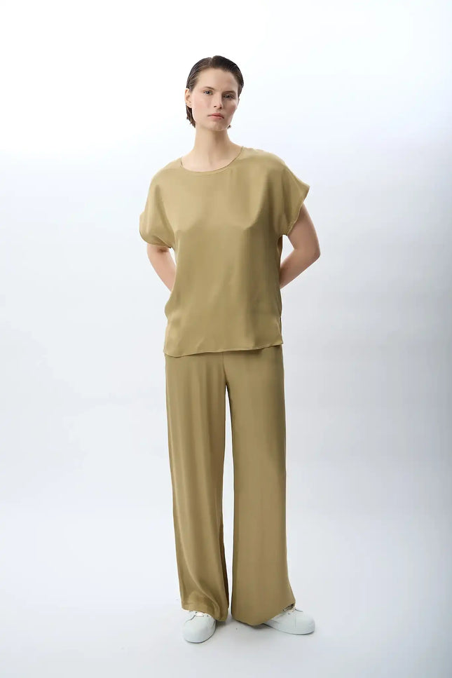 Bağcıklı Rahat Kesim Saten Pantolon (Haki)