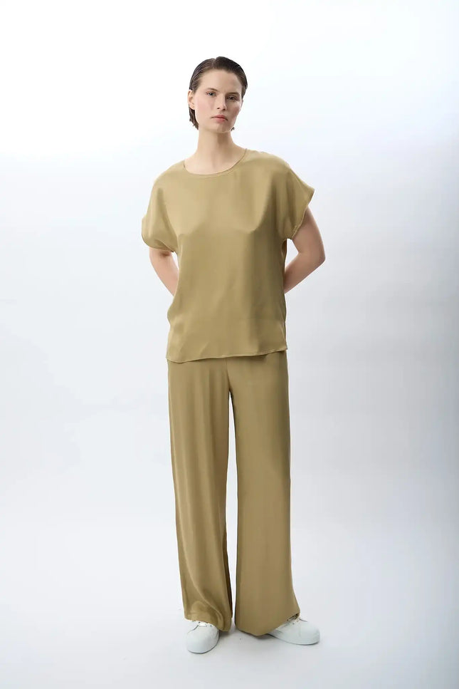 Bağcıklı Rahat Kesim Saten Pantolon (Haki)