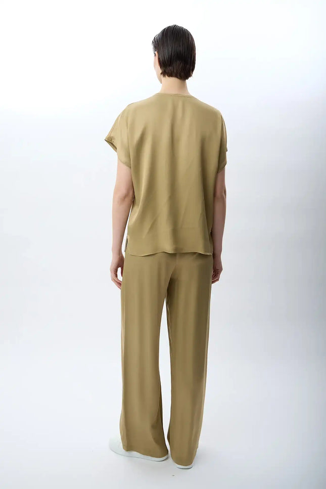 Bağcıklı Rahat Kesim Saten Pantolon (Haki)