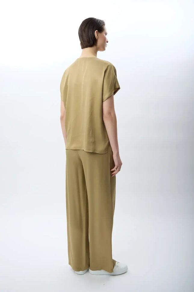 Bağcıklı Rahat Kesim Saten Pantolon (Haki)