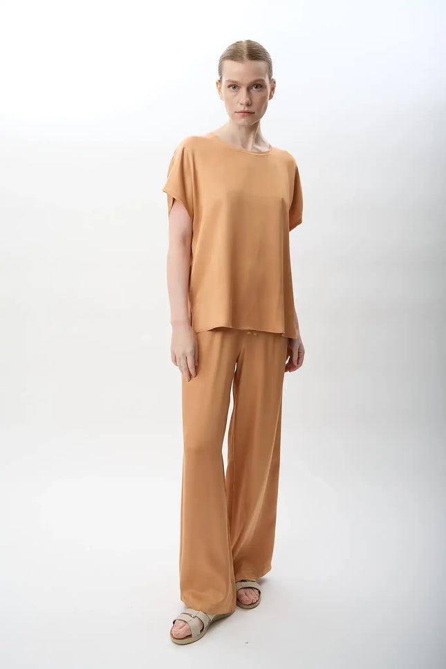 Bağcıklı Rahat Kesim Saten Pantolon (Mercan)