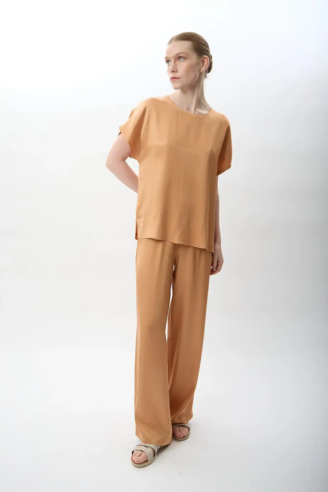 Bağcıklı Rahat Kesim Saten Pantolon (Mercan)