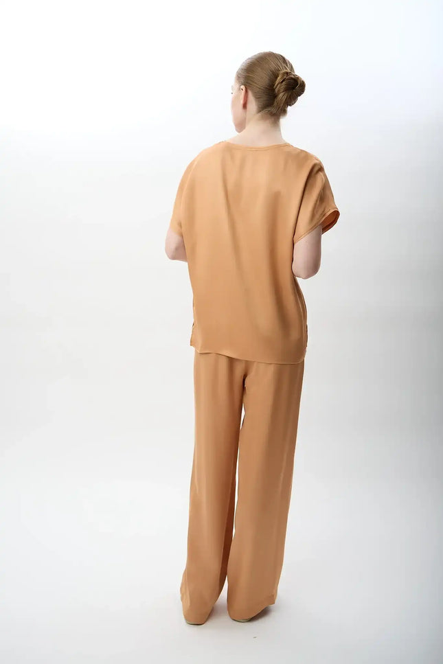 Bağcıklı Rahat Kesim Saten Pantolon (Mercan)