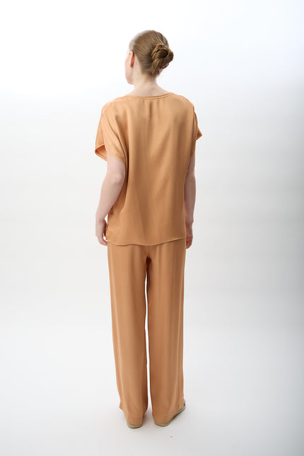Bağcıklı Rahat Kesim Saten Pantolon (Mercan)