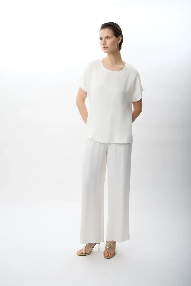 Bağcıklı Rahat Kesim Saten Pantolon (Beyaz)