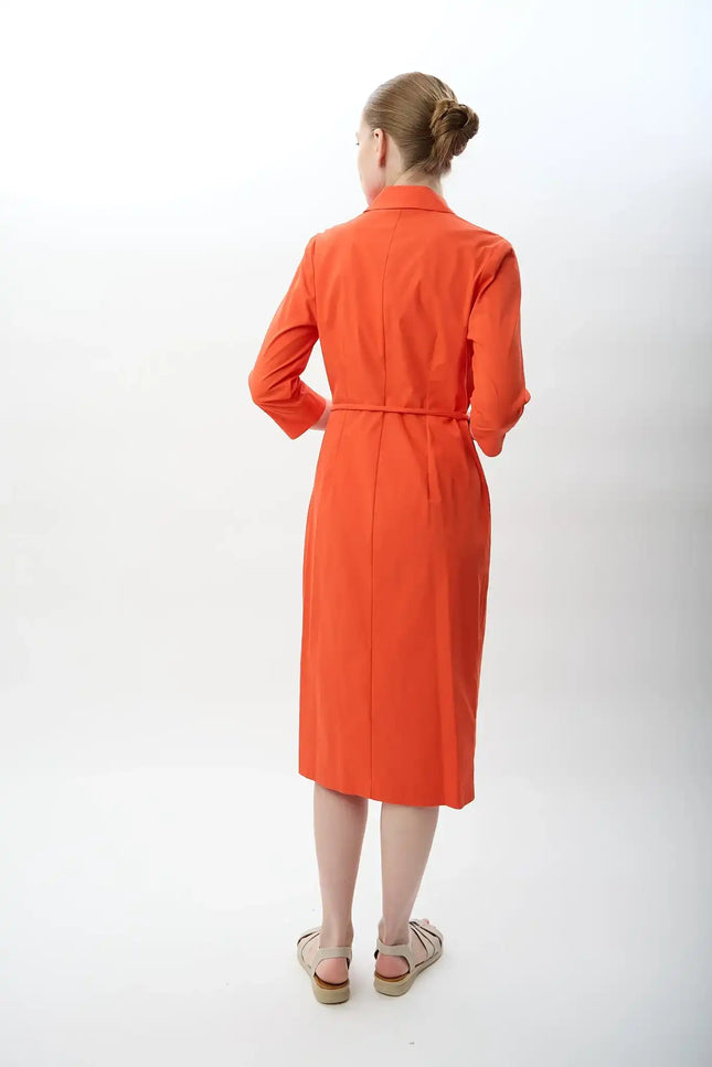 Fermuarlı Gömlek Yaka Elbise (Mercan)