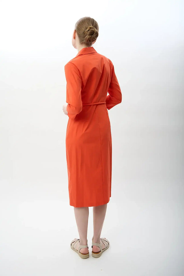 Fermuarlı Gömlek Yaka Elbise (Mercan)