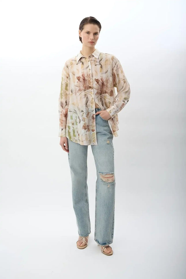 Uzun Kollu Çiçek Desenli Gömlek (Bej)