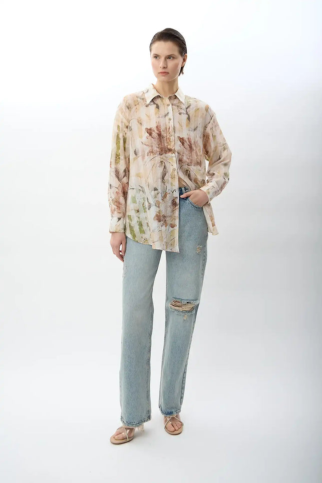 Uzun Kollu Çiçek Desenli Gömlek (Bej)