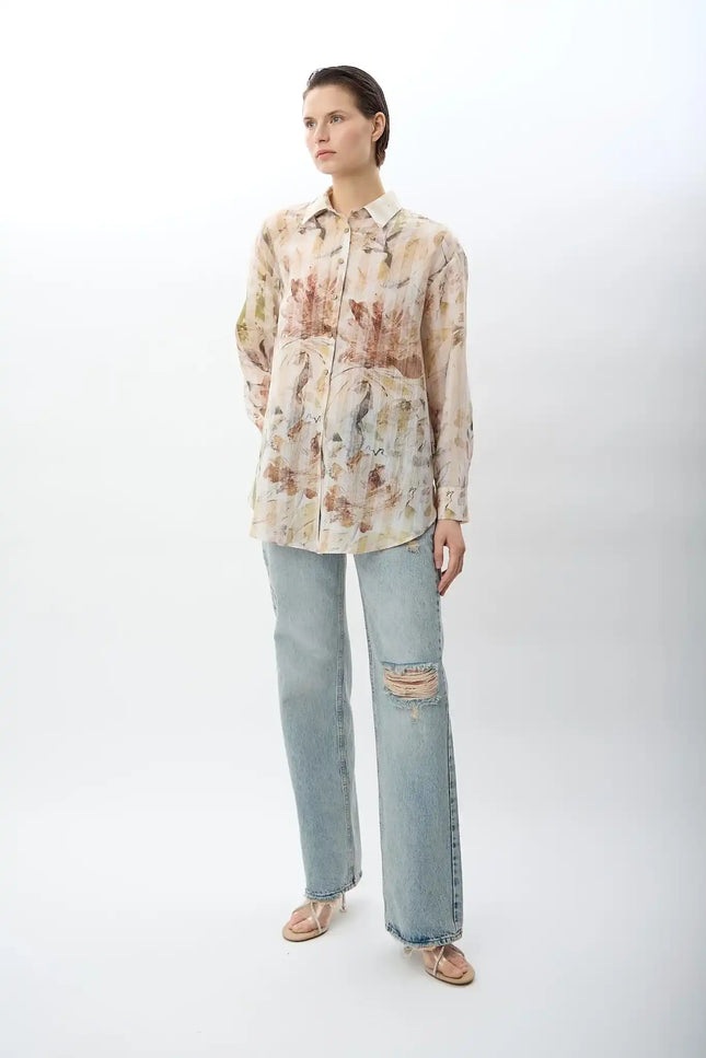 Uzun Kollu Çiçek Desenli Gömlek (Bej)