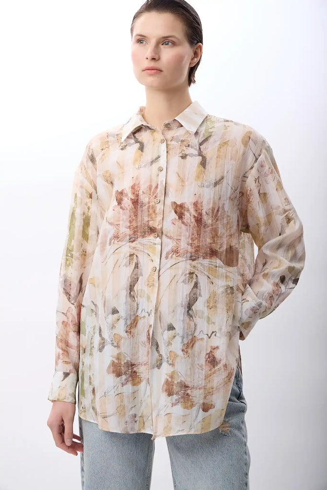 Uzun Kollu Çiçek Desenli Gömlek (Bej)