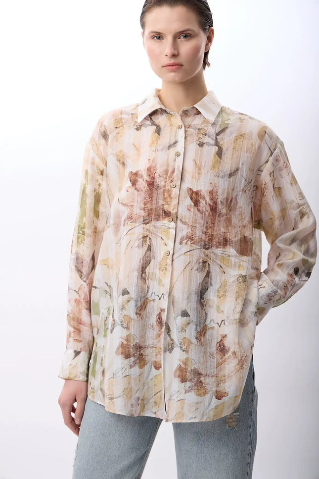 Uzun Kollu Çiçek Desenli Gömlek (Bej)