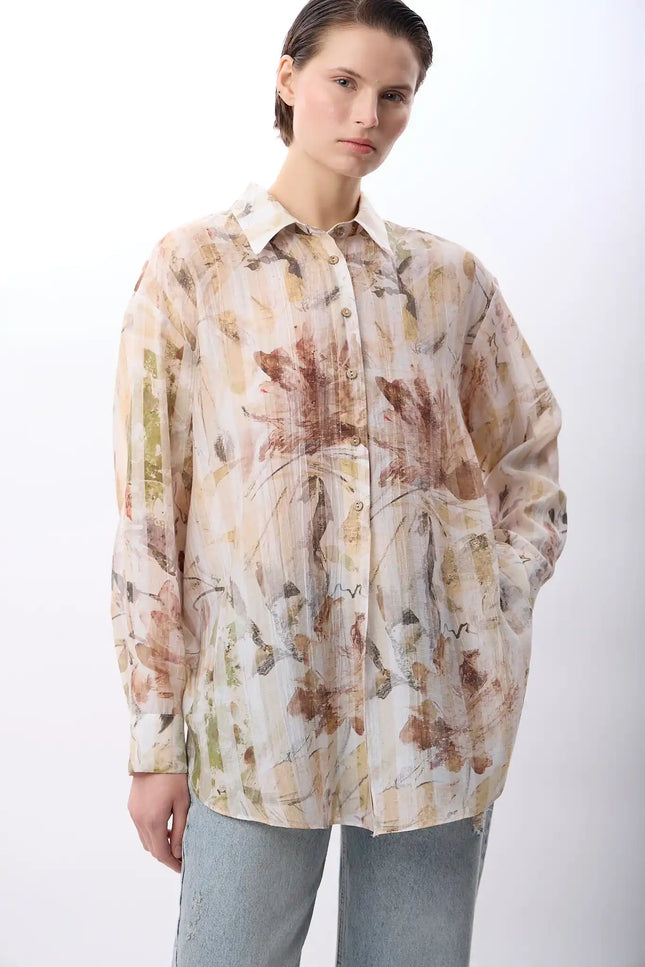 Uzun Kollu Çiçek Desenli Gömlek (Bej)