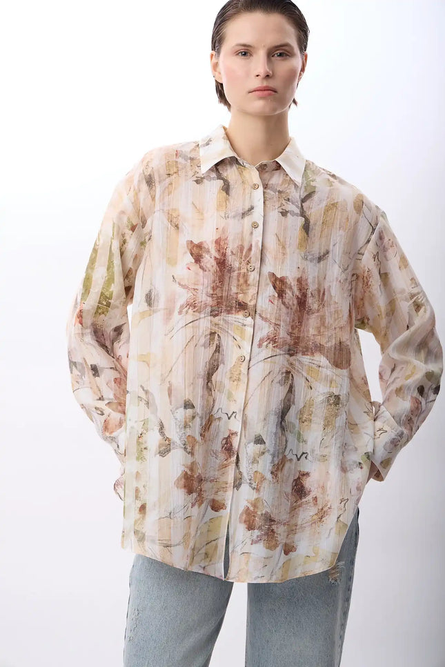 Uzun Kollu Çiçek Desenli Gömlek (Bej)
