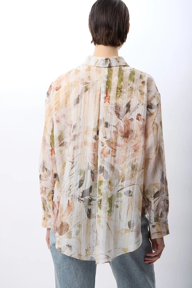 Uzun Kollu Çiçek Desenli Gömlek (Bej)