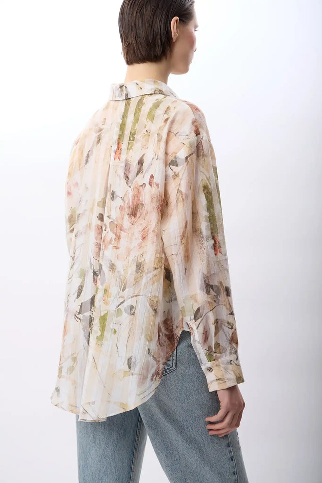 Uzun Kollu Çiçek Desenli Gömlek (Bej)