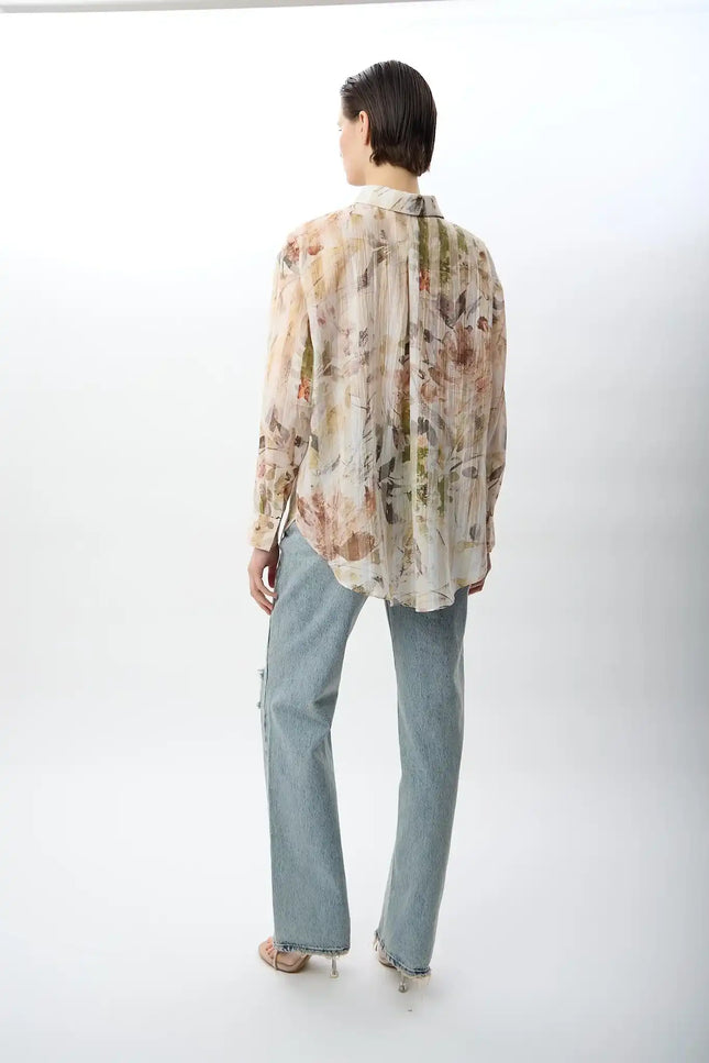 Uzun Kollu Çiçek Desenli Gömlek (Bej)