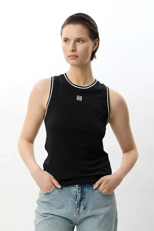 Kontrast Çizgili Ribanalı Atlet (Siyah)