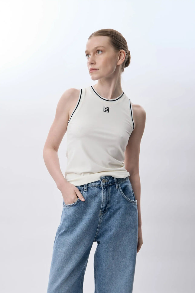 Kontrast Çizgili Ribanalı Atlet (Ekru)