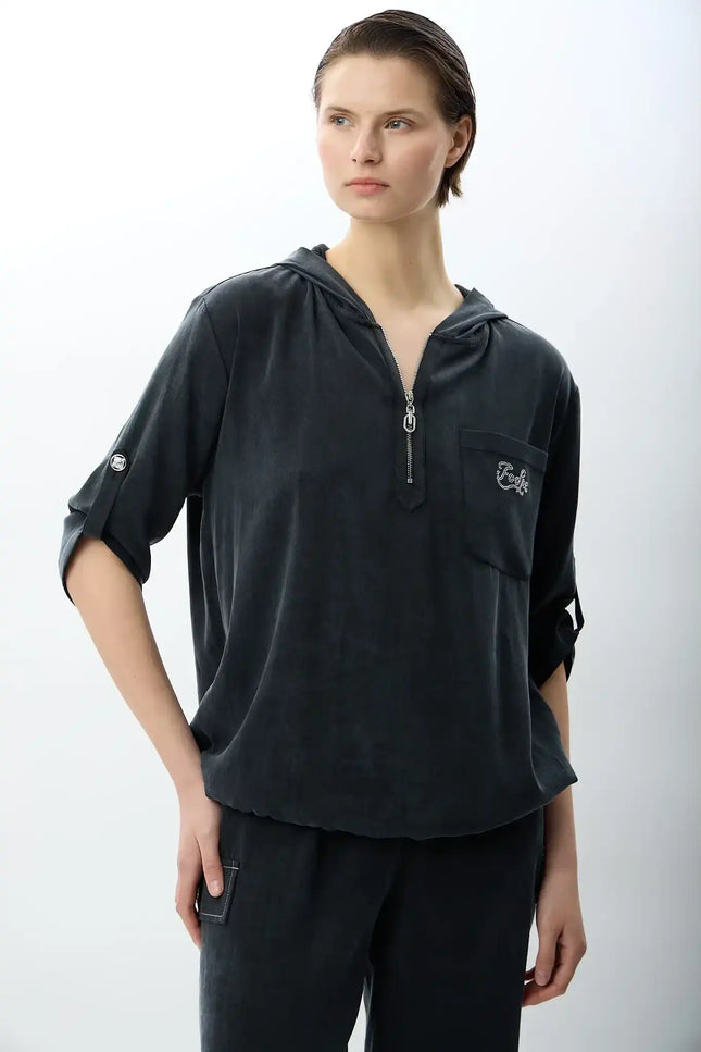 Kapüşonlu ve Yarım Fermuarlı Bluz (Siyah)