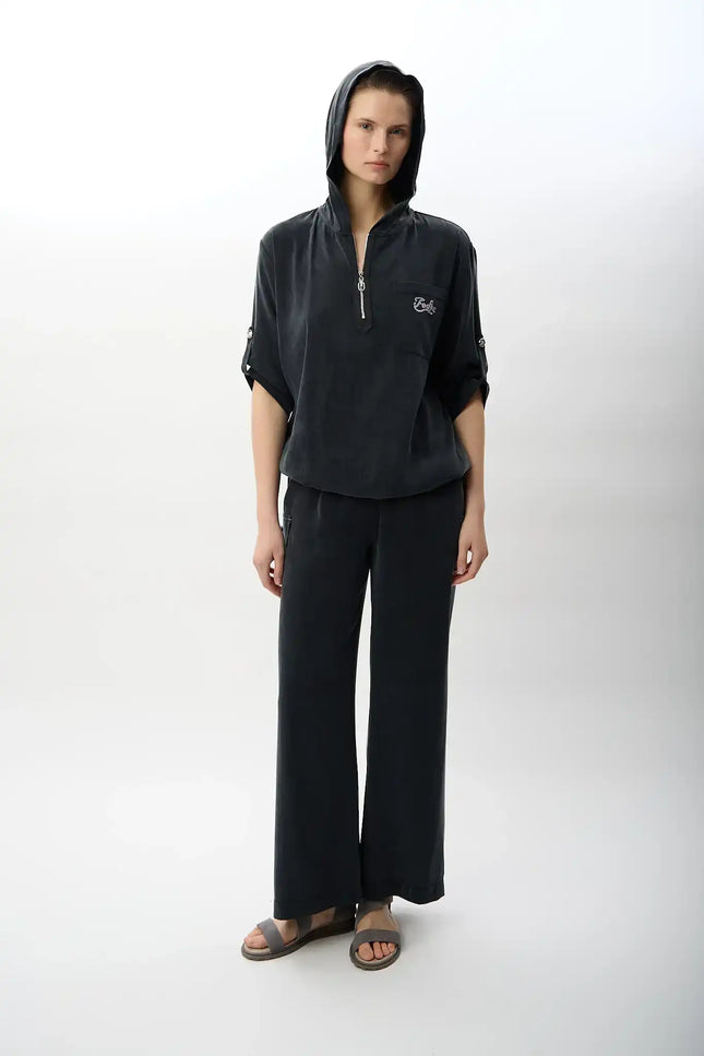 Kapüşonlu ve Yarım Fermuarlı Bluz (Siyah)